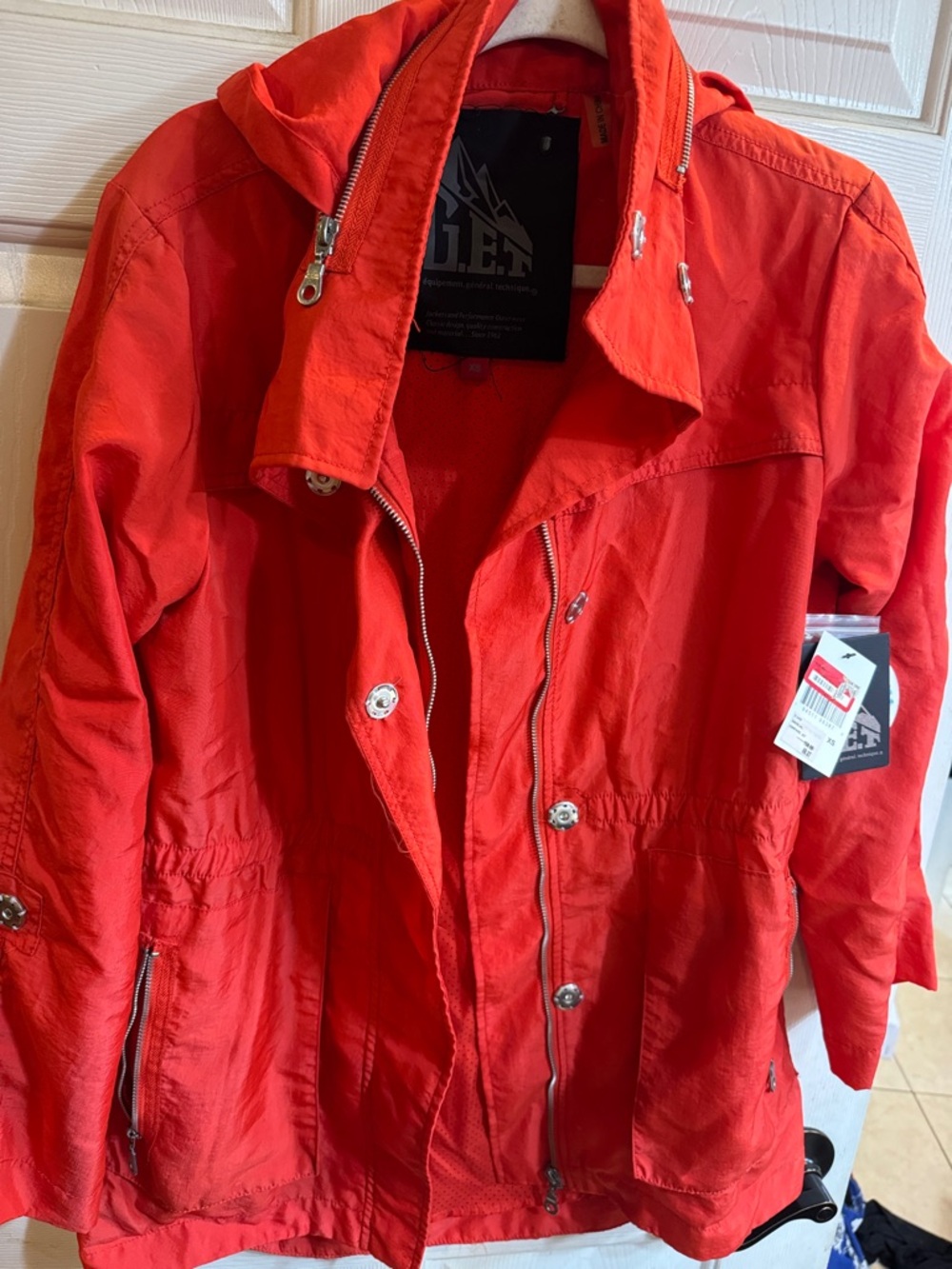 Red Hooded Utility Jacket with Zip and Snap Front